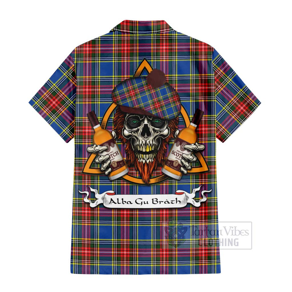 Tartan Vibes Clothing Bethune Tartan Short Sleeve Button Shirt with Family Crest and Bearded Skull Holding Bottles of Whiskey