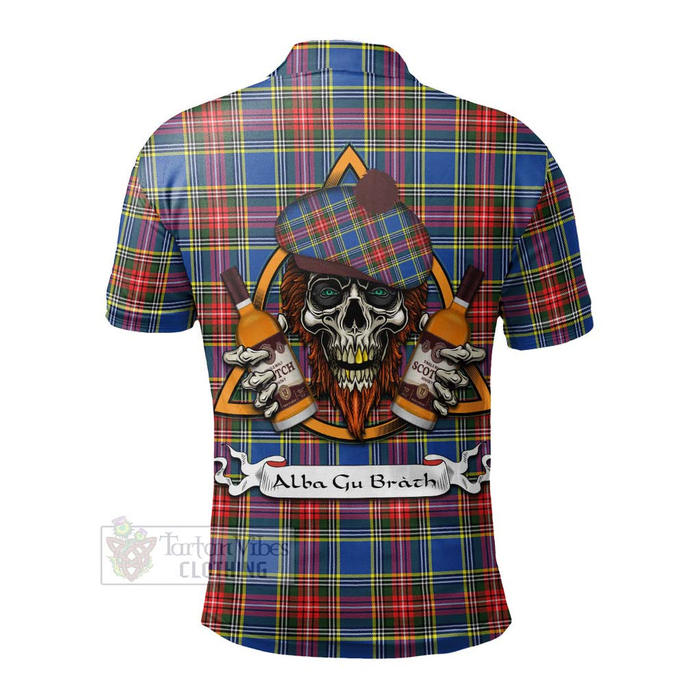 Tartan Vibes Clothing Bethune Tartan Polo Shirt with Family Crest and Bearded Skull Holding Bottles of Whiskey