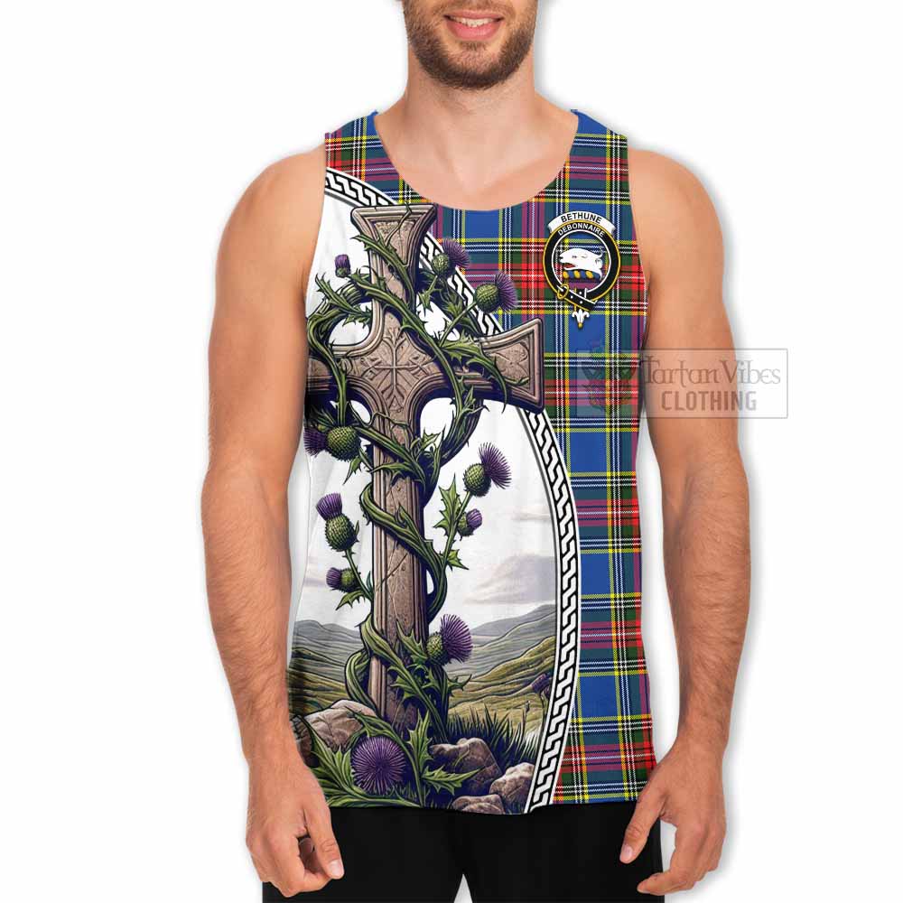 Tartan Vibes Clothing Bethune Tartan Men's Tank Top with Family Crest and St. Andrew's Cross Accented by Thistle Vines