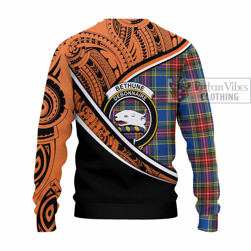 Tartan Vibes Clothing Bethune Crest Tartan Knitted Sweater with Maori Tattoo Style - Orange Version