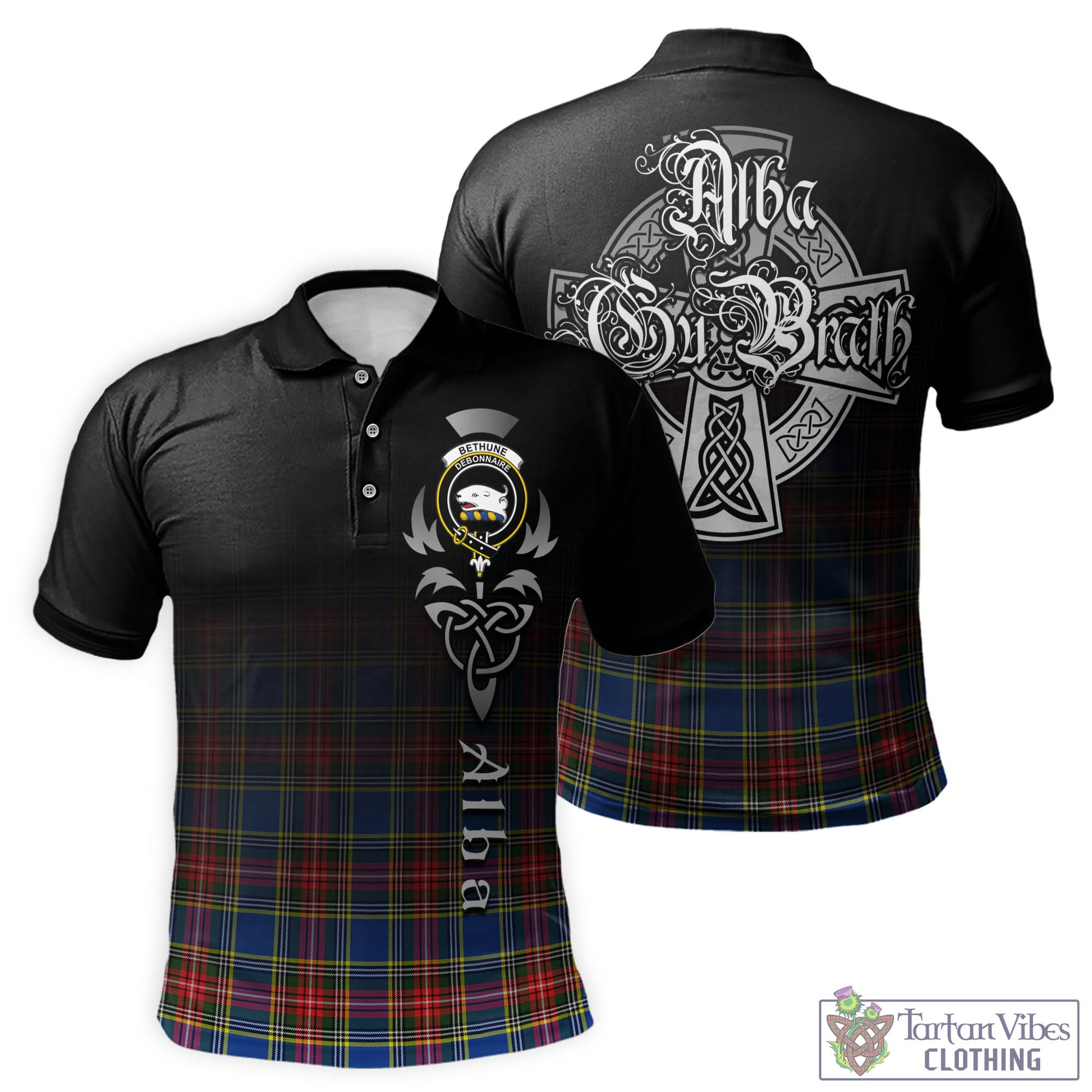 Tartan Vibes Clothing Bethune Tartan Polo Shirt Featuring Alba Gu Brath Family Crest Celtic Inspired