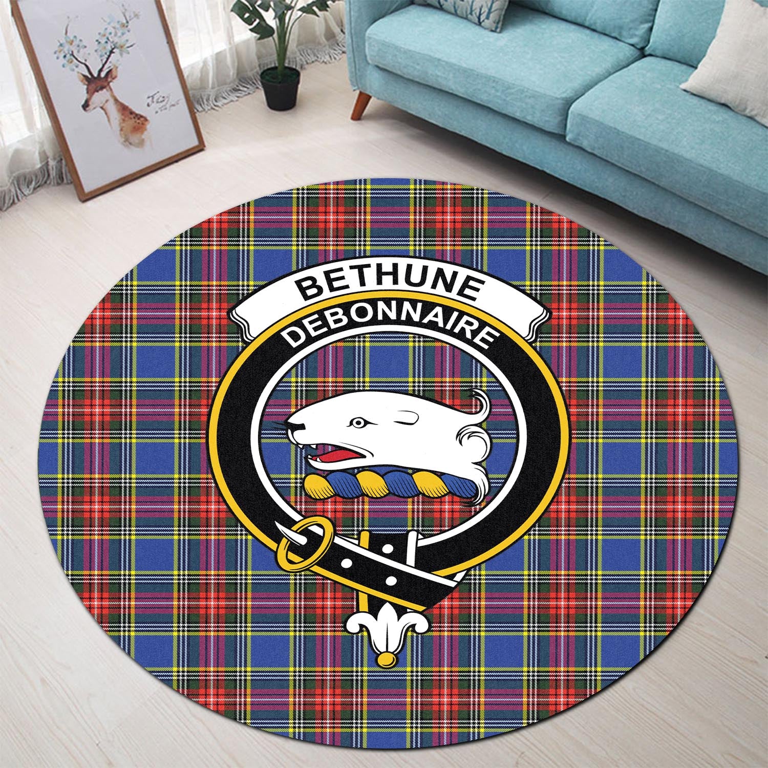 Bethune Tartan Round Rug with Family Crest - Tartanvibesclothing