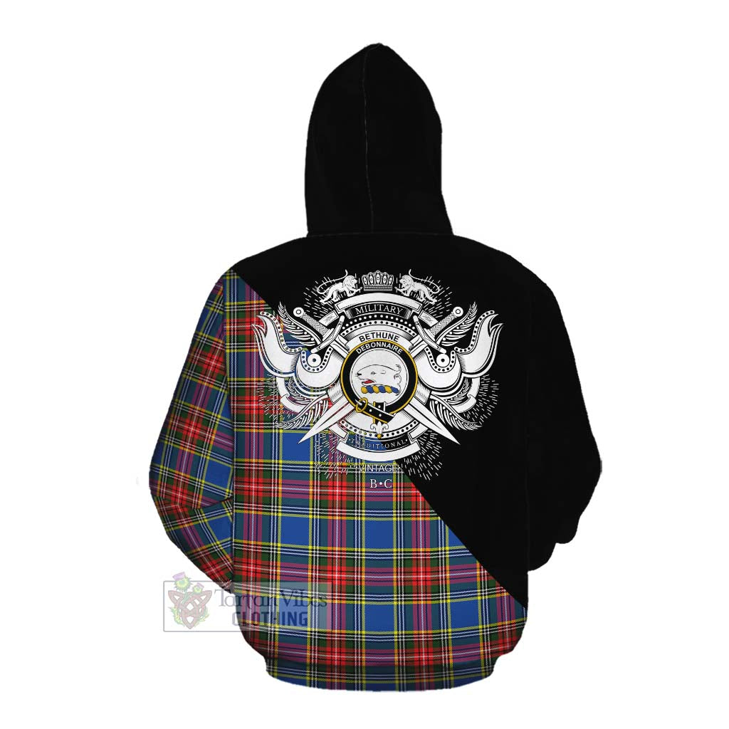 Tartan Vibes Clothing Bethune Tartan Cotton Hoodie with Family Crest and Military Logo Style