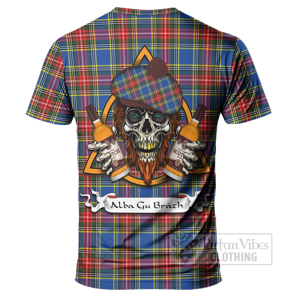 Tartan Vibes Clothing Bethune Tartan T-Shirt with Family Crest and Bearded Skull Holding Bottles of Whiskey