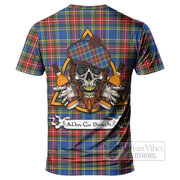 Bethune Tartan T-Shirt with Family Crest and Bearded Skull Holding Bottles of Whiskey