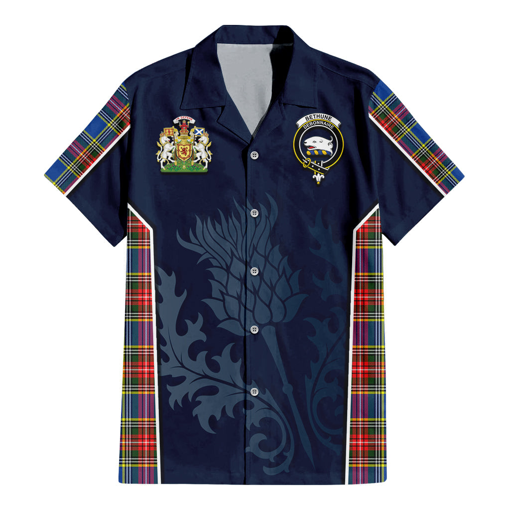 Tartan Vibes Clothing Bethune Tartan Short Sleeve Button Up Shirt with Family Crest and Scottish Thistle Vibes Sport Style