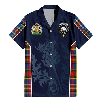 Bethune Tartan Short Sleeve Button Up Shirt with Family Crest and Scottish Thistle Vibes Sport Style