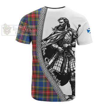 Bethune Tartan Clan Crest Cotton T-shirt with Highlander Warrior Celtic Style