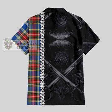 Bethune Tartan Short Sleeve Button Shirt with Family Crest Cross Sword Thistle Celtic Vibes