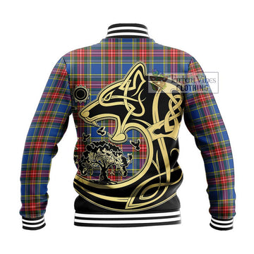 Bethune Tartan Baseball Jacket with Family Crest Celtic Wolf Style