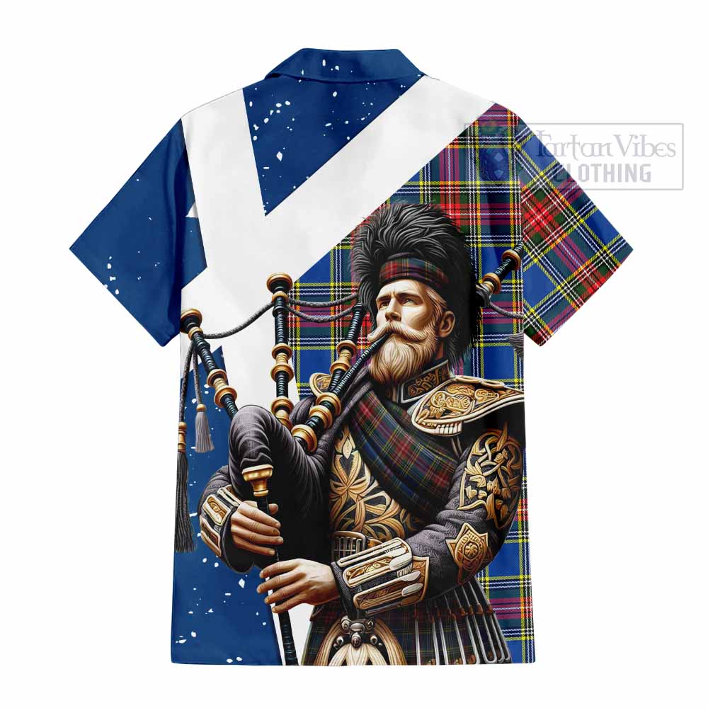 Tartan Vibes Clothing Bethune Tartan Short Sleeve Button Shirt with Family Crest Scottish Bagpiper Vibes