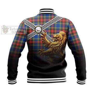 Bethune Crest Tartan Baseball Jacket with Golden Lion Emblem Celtic Style - Tartan Vibes Clothing