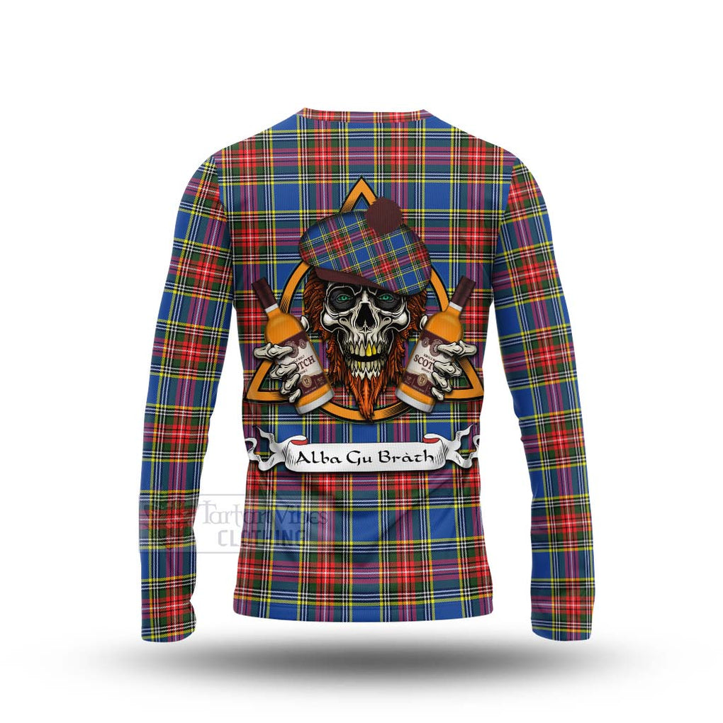 Tartan Vibes Clothing Bethune Tartan Long Sleeve T-Shirt with Family Crest and Bearded Skull Holding Bottles of Whiskey