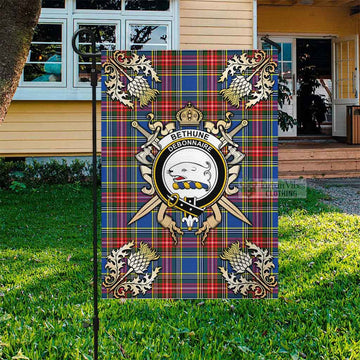 Bethune Tartan Flag with Family Crest and Golden Thistle Crossed Sword Design