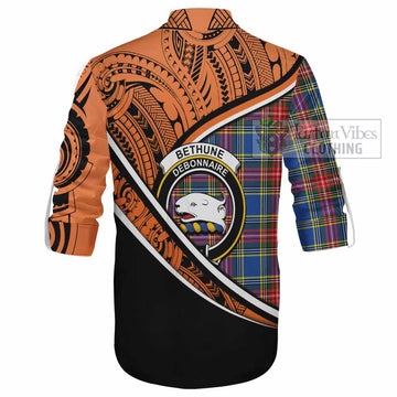 Bethune Crest Tartan Ghillie Kilt Shirt with Polynesian Vibes Style - Orange Version