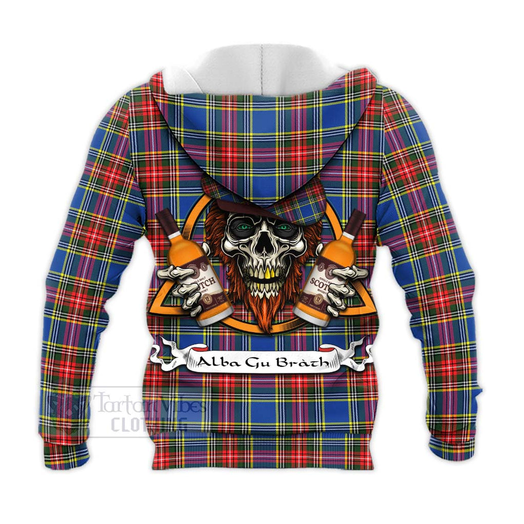 Tartan Vibes Clothing Bethune Tartan Knitted Hoodie with Family Crest and Bearded Skull Holding Bottles of Whiskey