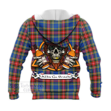 Bethune Tartan Knitted Hoodie with Family Crest and Bearded Skull Holding Bottles of Whiskey