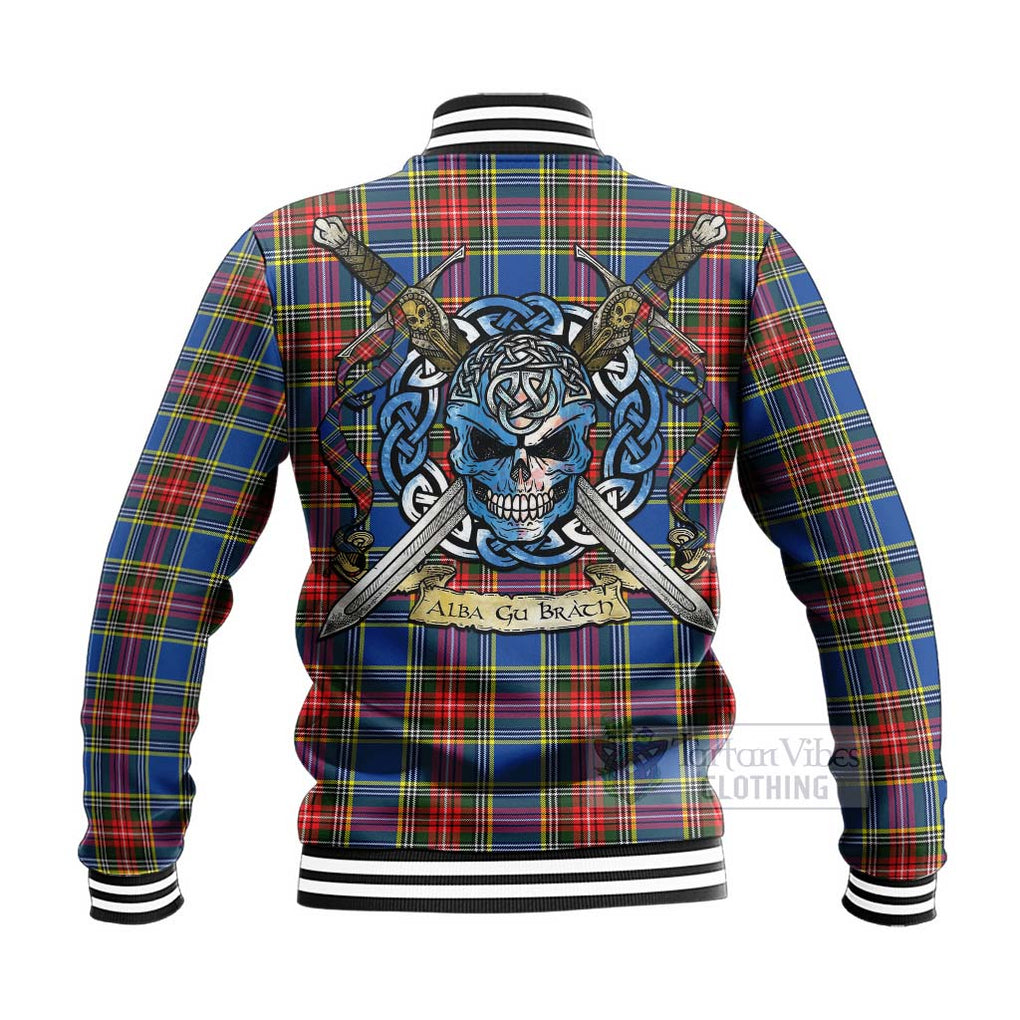 Tartan Vibes Clothing Bethune Tartan Baseball Jacket with Family Crest Celtic Skull Style