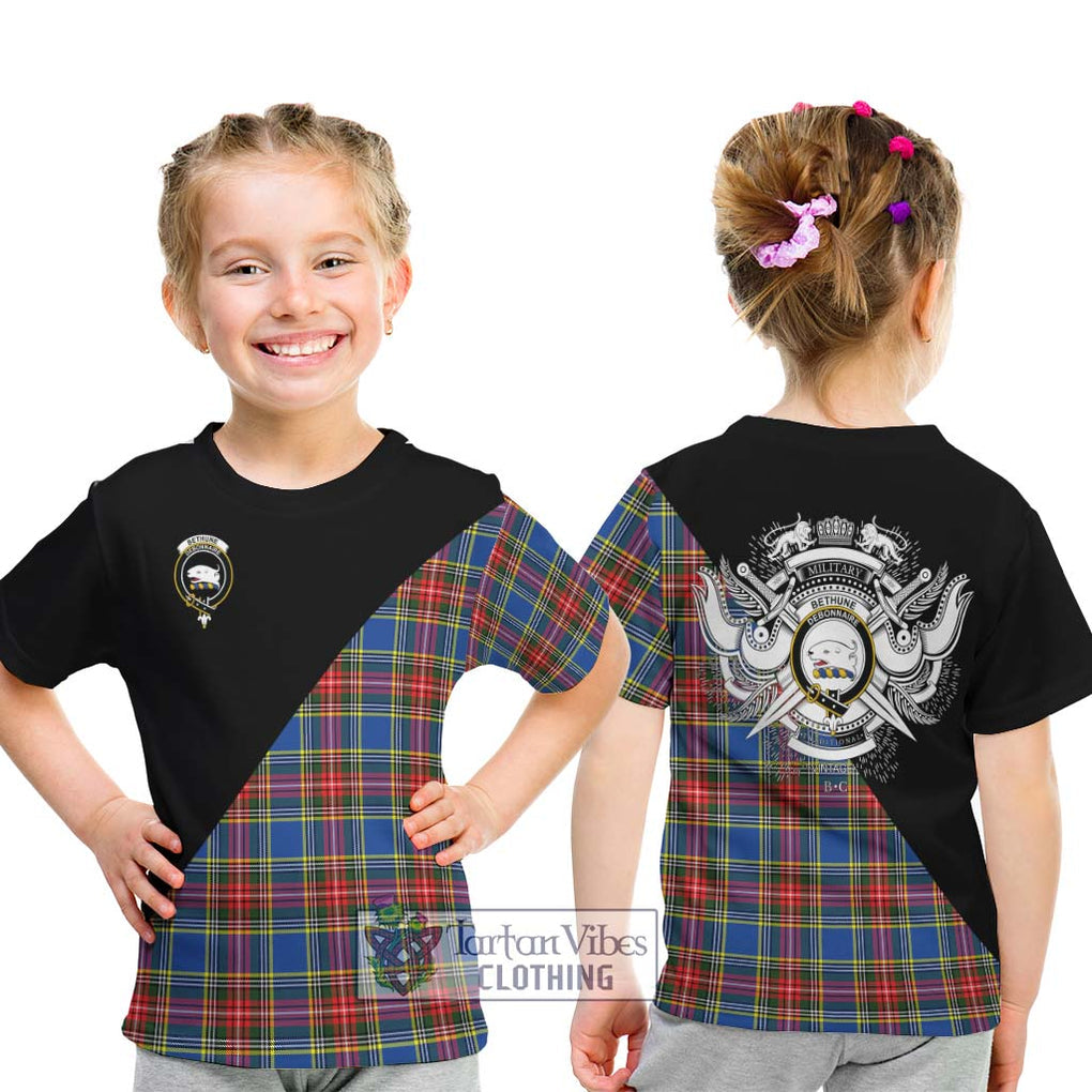 Bethune Tartan Kid T-Shirt with Family Crest and Military Logo Style - Tartanvibesclothing Shop