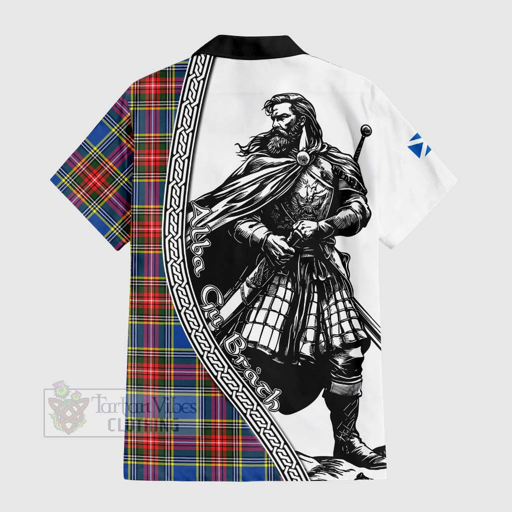 Tartan Vibes Clothing Bethune Tartan Clan Crest Short Sleeve Button Shirt with Highlander Warrior Celtic Style