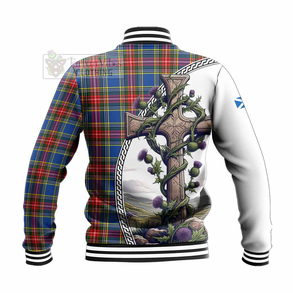 Tartan Vibes Clothing Bethune Tartan Baseball Jacket with Family Crest and St. Andrew's Cross Accented by Thistle Vines