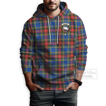 Bethune Tartan Hoodie with Family Crest and Bearded Skull Holding Bottles of Whiskey