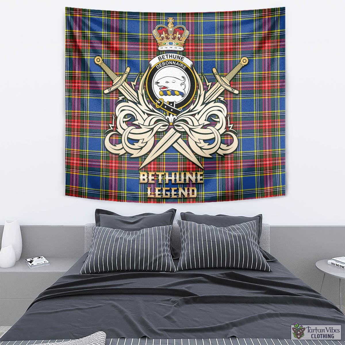 Tartan Vibes Clothing Bethune Tartan Tapestry with Clan Crest and the Golden Sword of Courageous Legacy