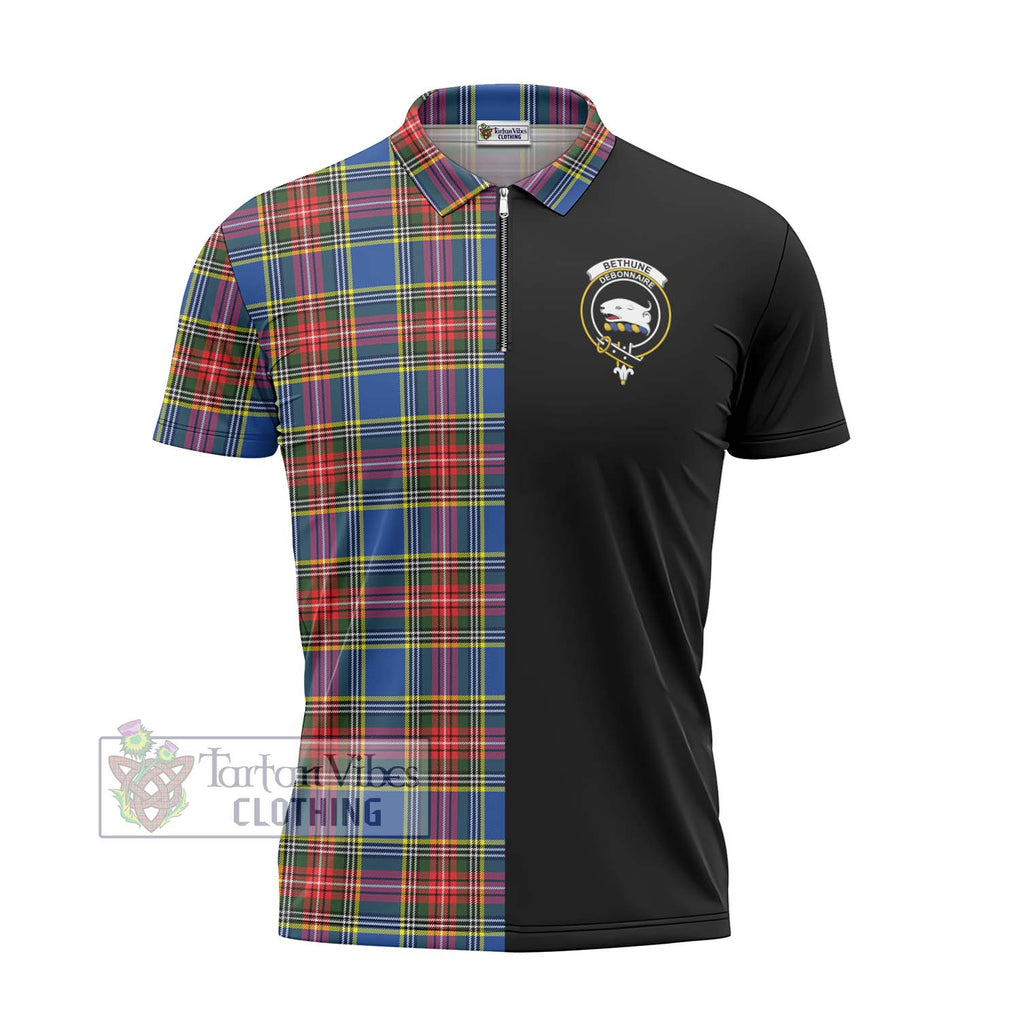 Bethune Tartan Zipper Polo Shirt with Family Crest and Half Of Me Style - Tartanvibesclothing Shop