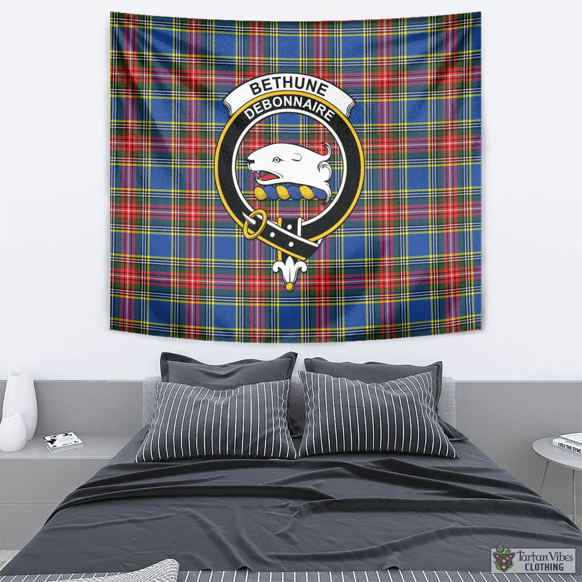 Tartan Vibes Clothing Bethune Tartan Tapestry Wall Hanging and Home Decor for Room with Family Crest