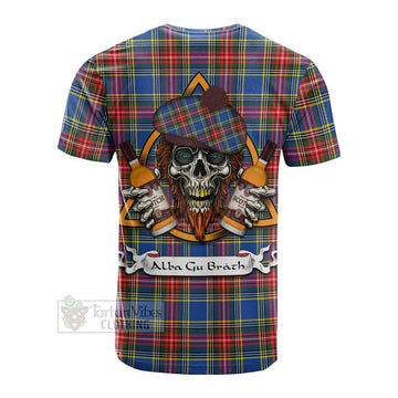 Bethune Tartan Cotton T-shirt with Family Crest and Bearded Skull Holding Bottles of Whiskey