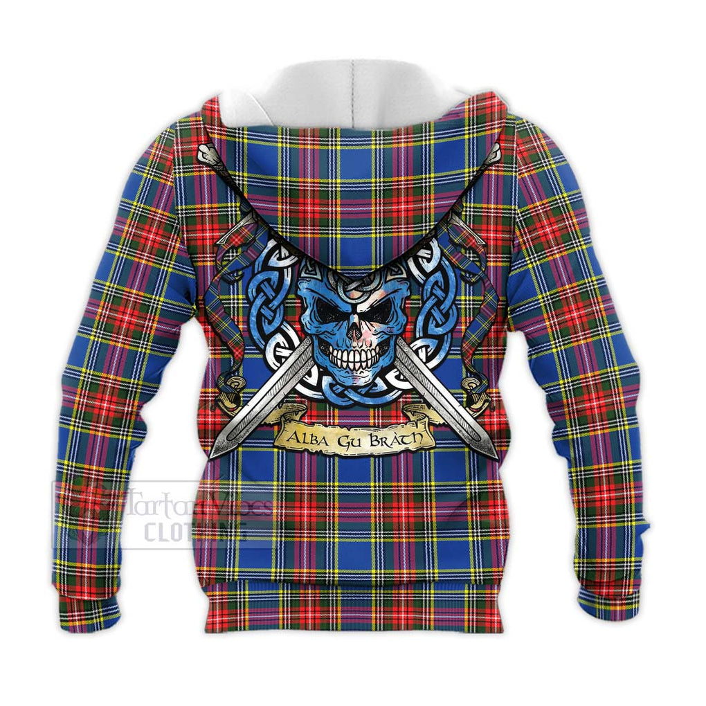 Tartan Vibes Clothing Bethune Tartan Knitted Hoodie with Family Crest Celtic Skull Style