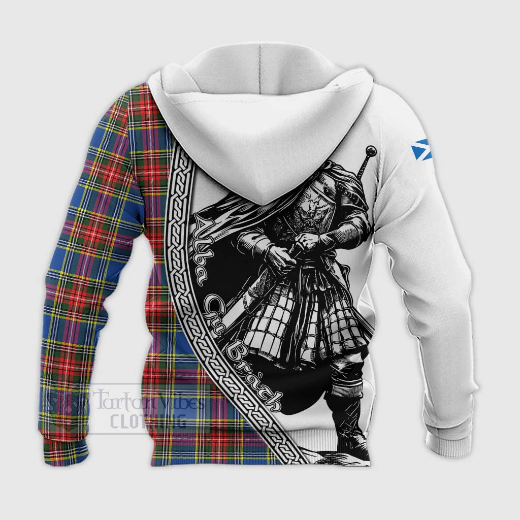 Tartan Vibes Clothing Bethune Tartan Clan Crest Knitted Hoodie with Highlander Warrior Celtic Style