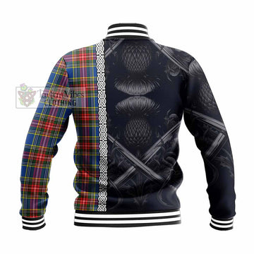 Bethune Tartan Baseball Jacket with Family Crest Cross Sword Thistle Celtic Vibes