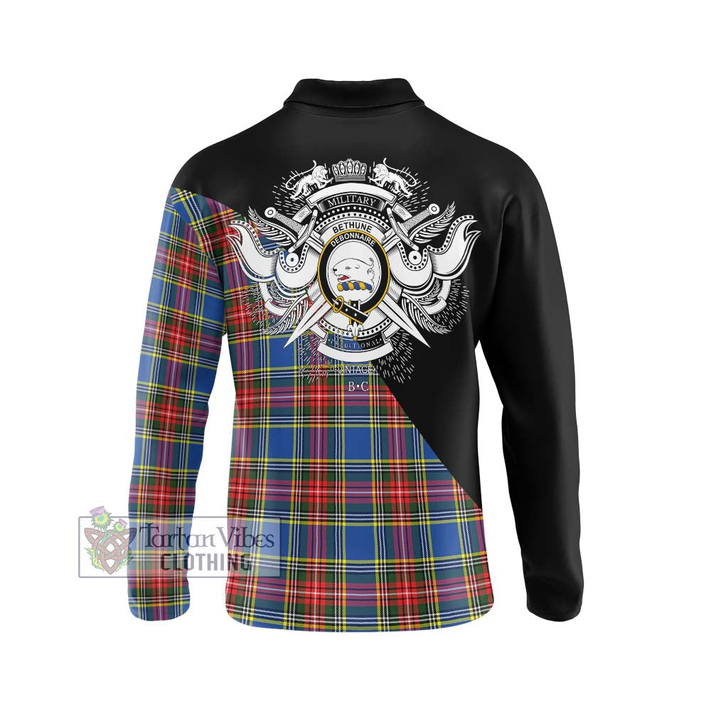 Bethune Tartan Long Sleeve Polo Shirt with Family Crest and Military Logo Style - Tartanvibesclothing Shop