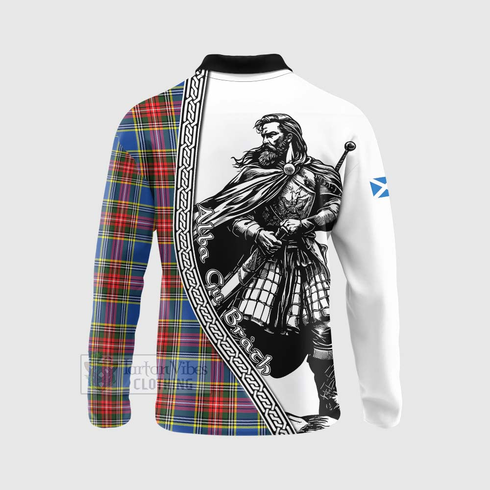 Tartan Vibes Clothing Bethune Tartan Clan Crest Long Sleeve Polo Shirt with Highlander Warrior Celtic Style