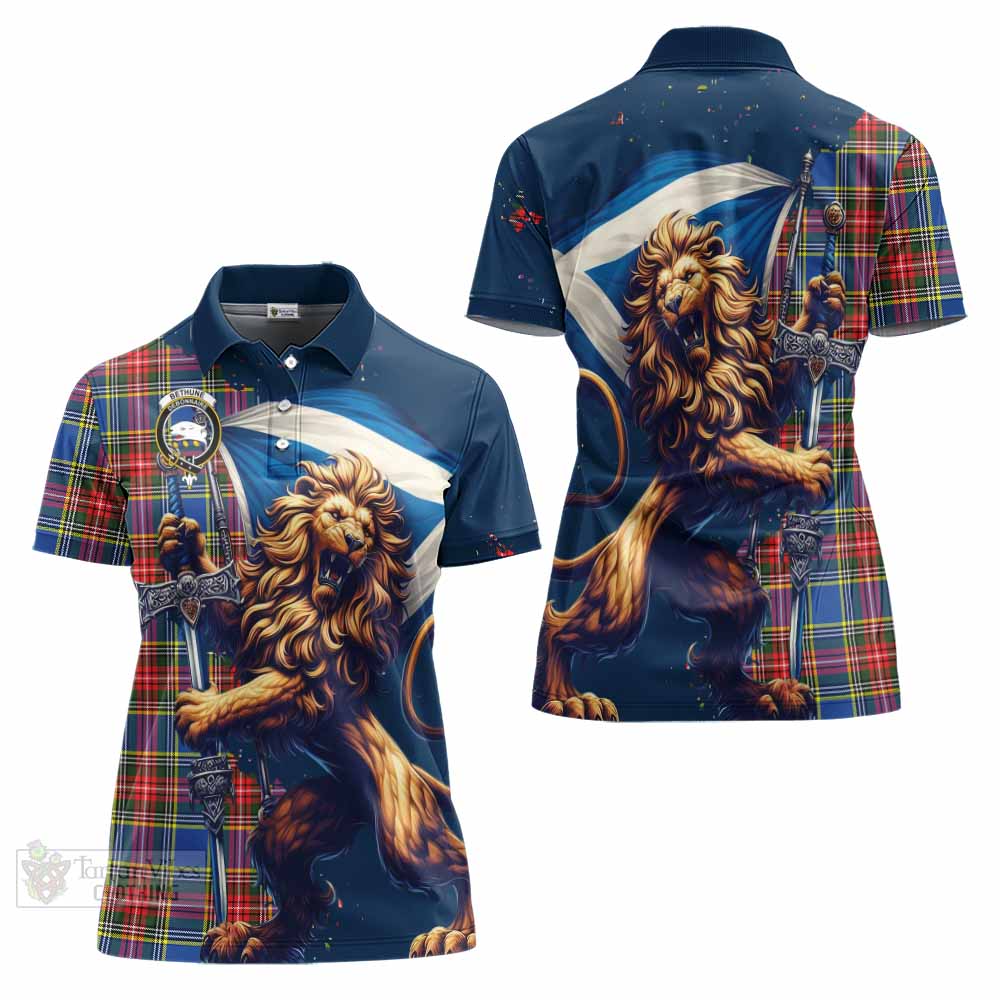 Tartan Vibes Clothing Bethune Tartan Family Crest Women's Polo Shirt with Scottish Majestic Lion