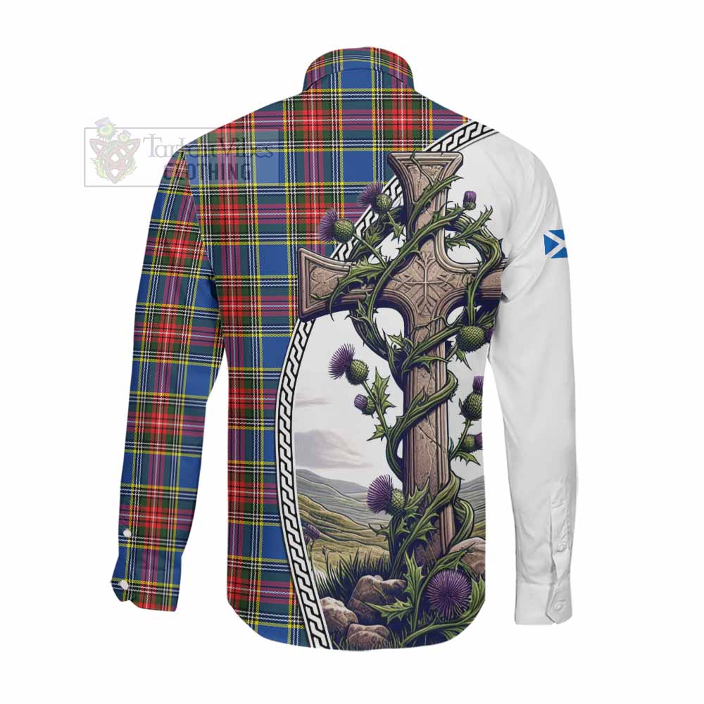 Tartan Vibes Clothing Bethune Tartan Long Sleeve Button Shirt with Family Crest and St. Andrew's Cross Accented by Thistle Vines