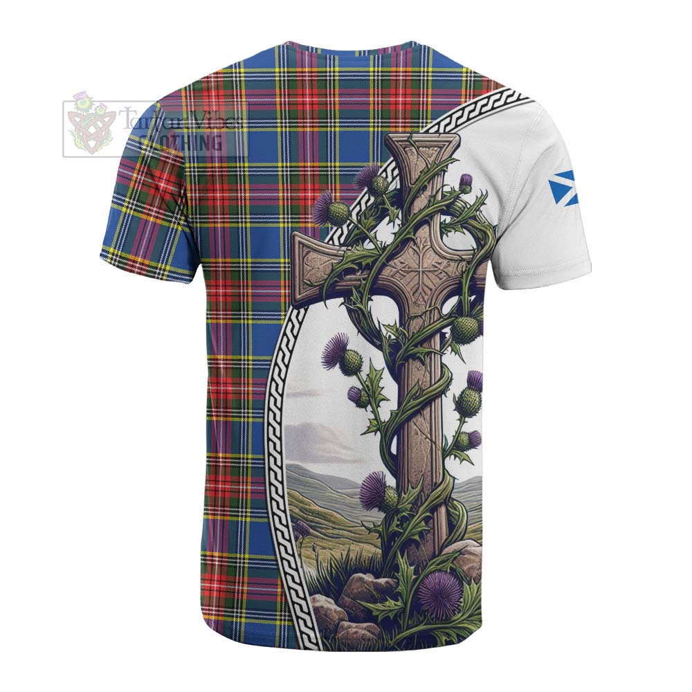 Tartan Vibes Clothing Bethune Tartan Cotton T-shirt with Family Crest and St. Andrew's Cross Accented by Thistle Vines