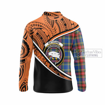 Bethune Crest Tartan Long Sleeve Polo Shirt with Polynesian Vibes Style - Orange Version