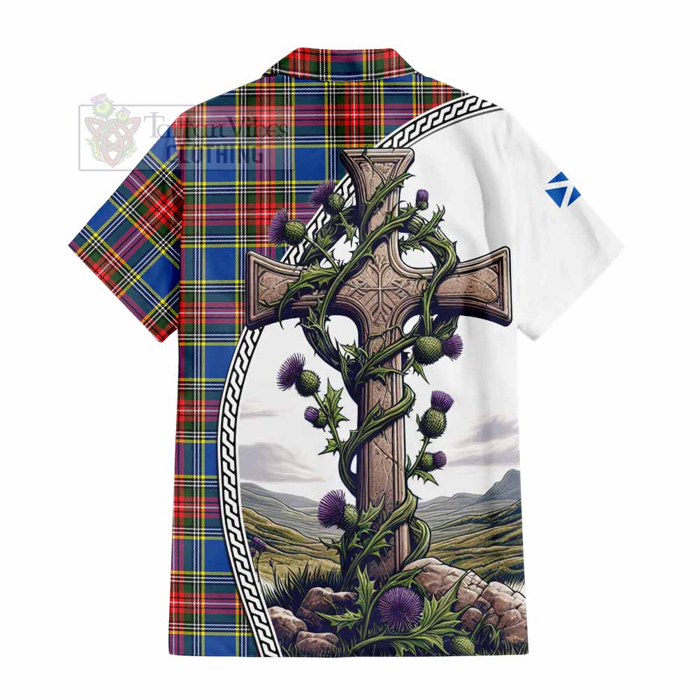 Tartan Vibes Clothing Bethune Tartan Short Sleeve Button Shirt with Family Crest and St. Andrew's Cross Accented by Thistle Vines