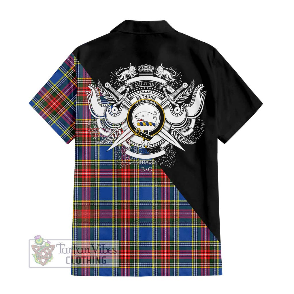 Bethune Tartan Short Sleeve Button Shirt with Family Crest and Military Logo Style - Tartanvibesclothing Shop