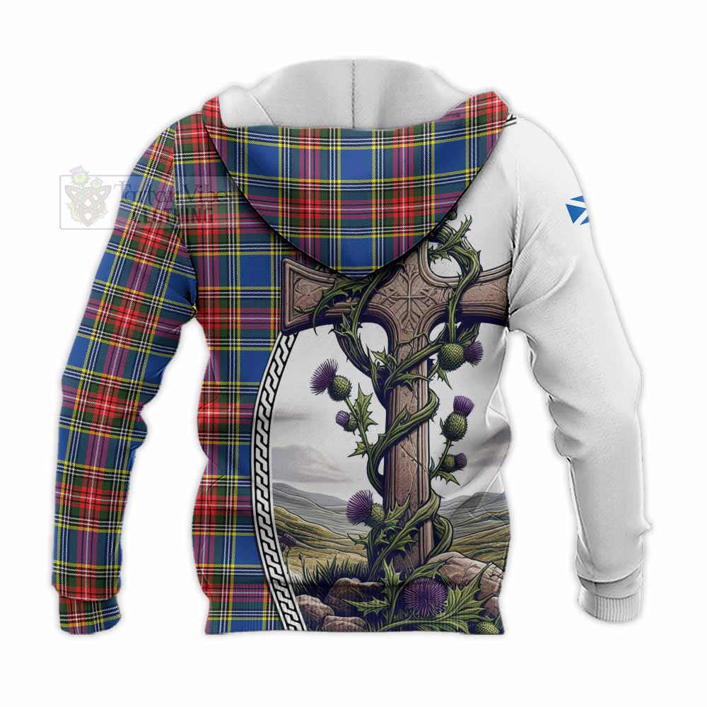 Tartan Vibes Clothing Bethune Tartan Knitted Hoodie with Family Crest and St. Andrew's Cross Accented by Thistle Vines