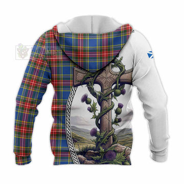 Bethune Tartan Knitted Hoodie with Family Crest and St. Andrew's Cross Accented by Thistle Vines