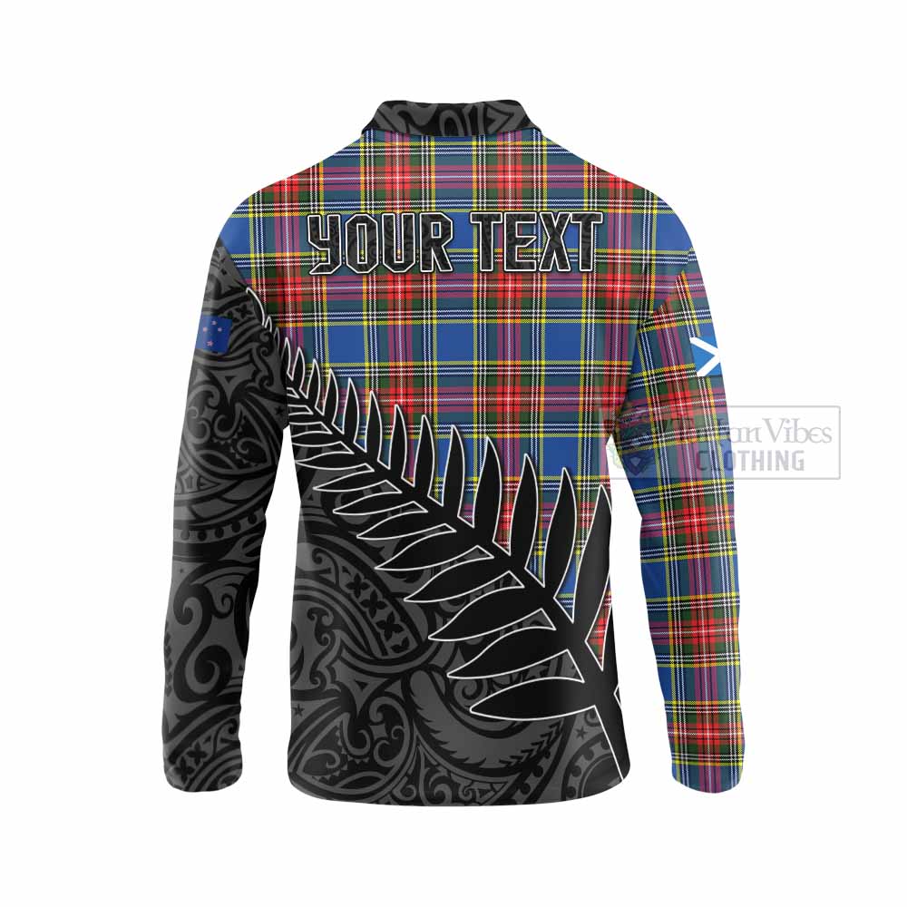 Tartan Vibes Clothing Bethune Crest Tartan Long Sleeve Polo Shirt with New Zealand Silver Fern Half Style