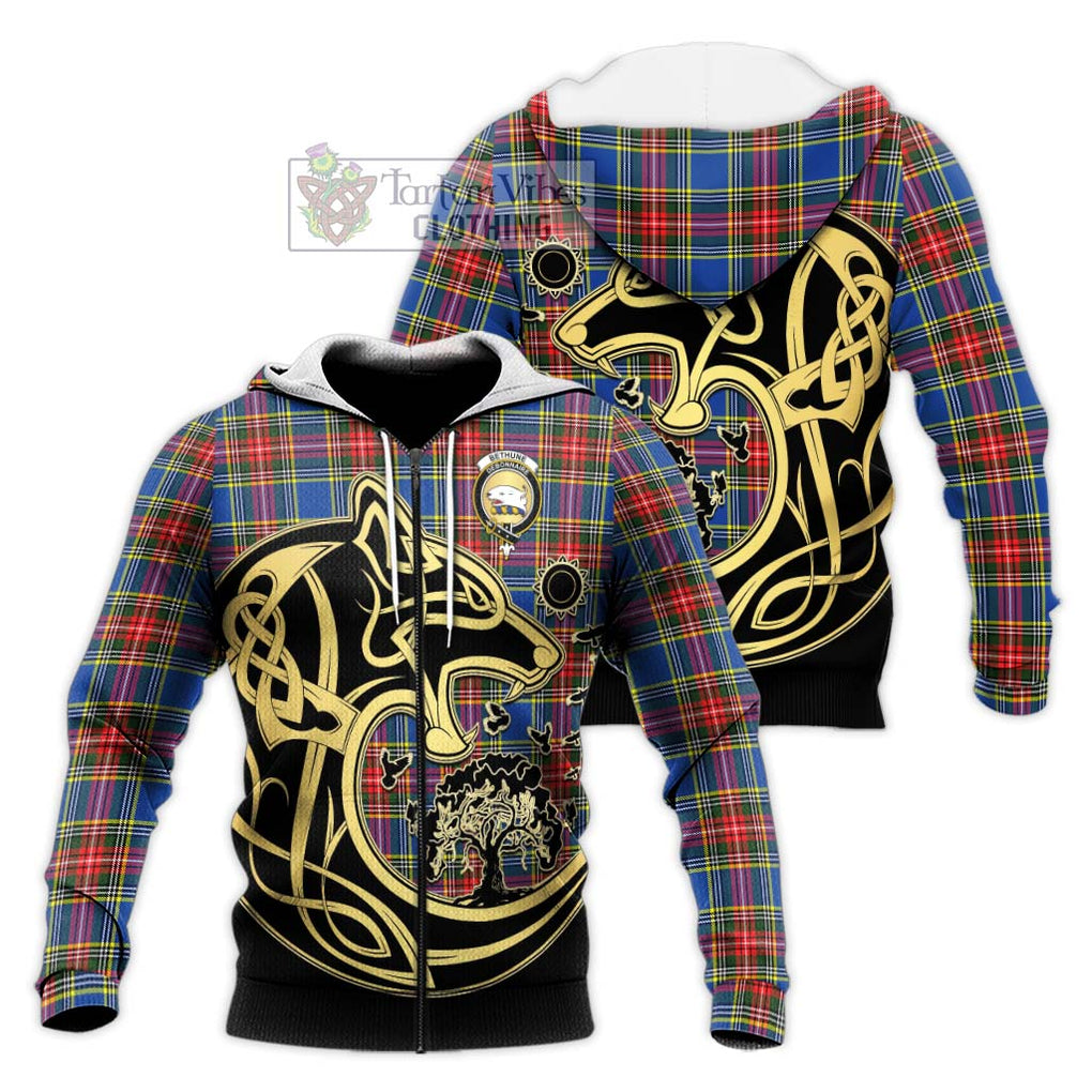 Bethune Tartan Knitted Hoodie with Family Crest Celtic Wolf Style Unisex Knitted Zip Hoodie - Tartan Vibes Clothing