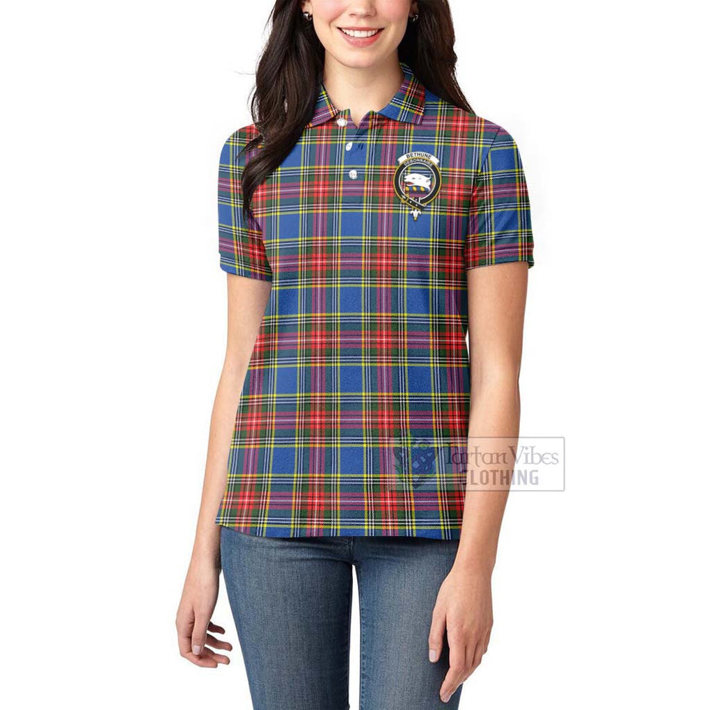 Tartan Vibes Clothing Bethune Tartan Women's Polo Shirt with Family Crest and Bearded Skull Holding Bottles of Whiskey