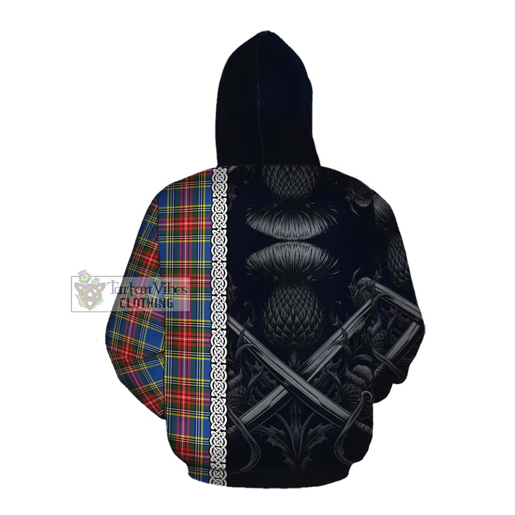 Tartan Vibes Clothing Bethune Tartan Cotton Hoodie with Family Crest Cross Sword Thistle Celtic Vibes