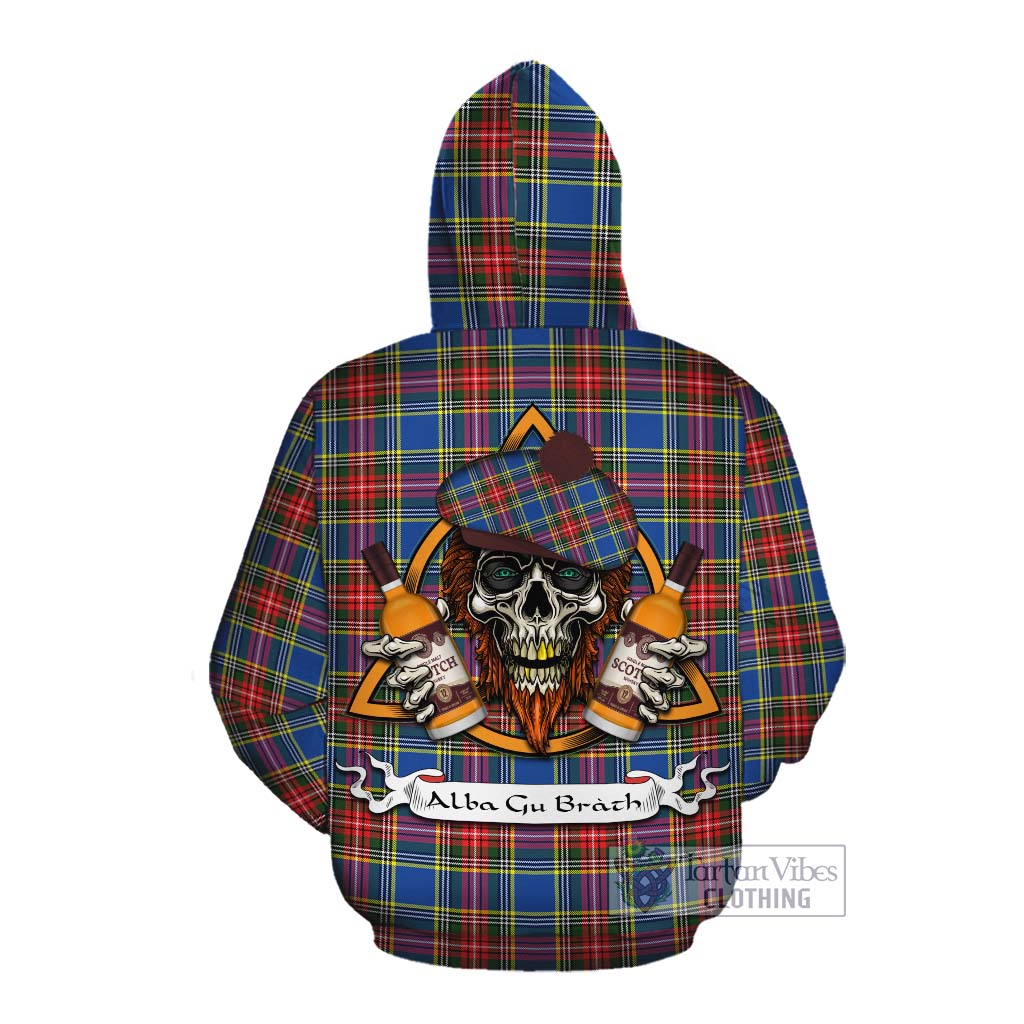 Tartan Vibes Clothing Bethune Tartan Cotton Hoodie with Family Crest and Bearded Skull Holding Bottles of Whiskey