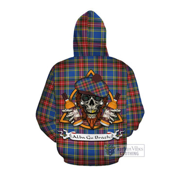 Bethune Tartan Cotton Hoodie with Family Crest and Bearded Skull Holding Bottles of Whiskey