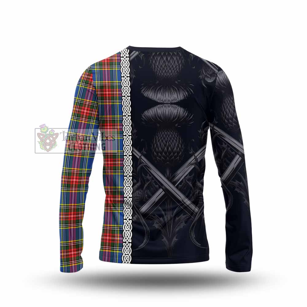 Tartan Vibes Clothing Bethune Tartan Long Sleeve T-Shirt with Family Crest Cross Sword Thistle Celtic Vibes